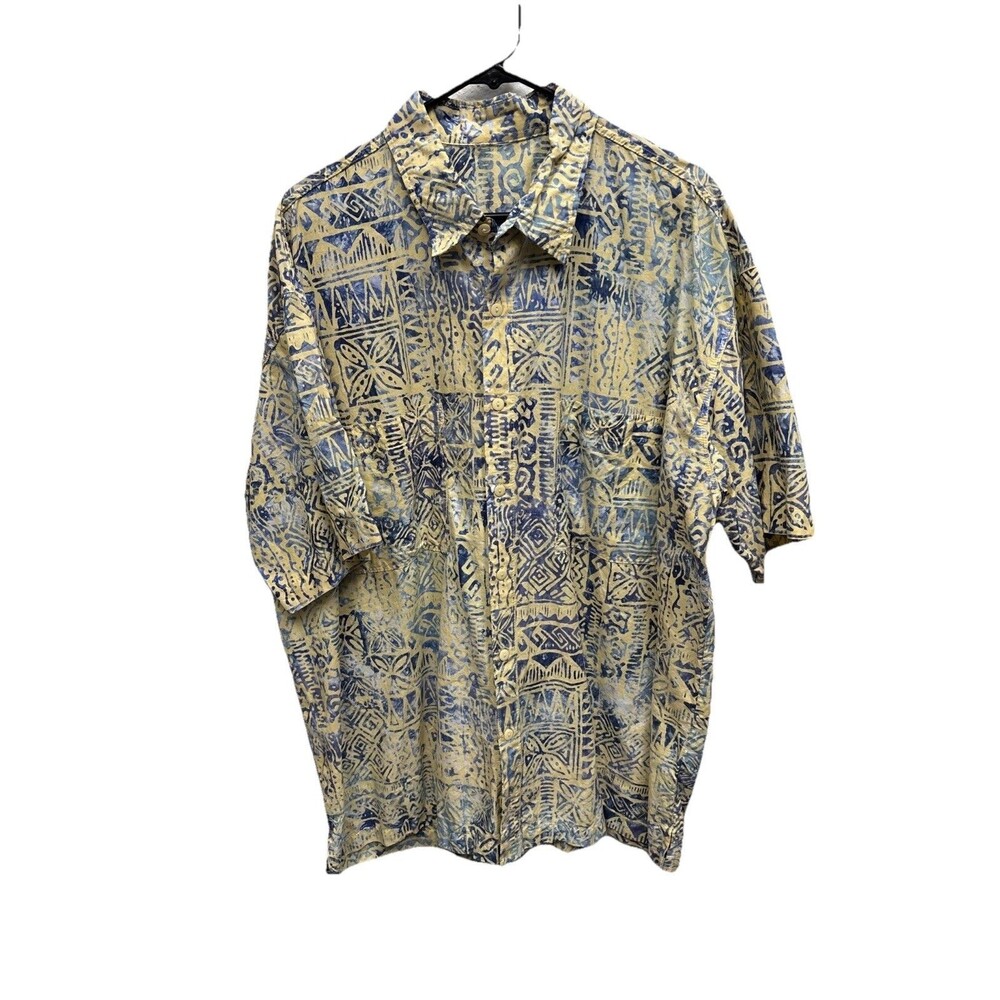 Rum Reggae Men Hawaiian Aztec Blue Yellow Button  Up Short Sleeve Shirt XXL